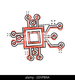 Computer chip icon in comic style. Circuit board cartoon vector illustration on white isolated background. Cpu processor splash effect business concep Stock Vector