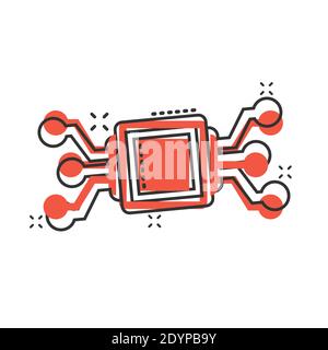 Computer chip icon in comic style. Circuit board cartoon vector illustration on white isolated background. Cpu processor splash effect business concep Stock Vector