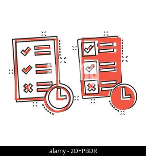 Contract time icon in comic style. Document with clock cartoon vector illustration on white background. Deadline splash effect business concept. Stock Vector