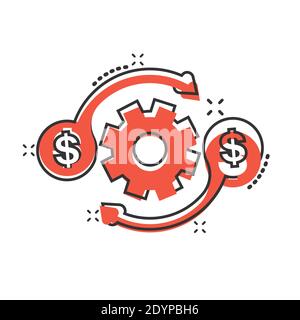 Money optimization icon in comic style. Gear effective cartoon vector illustration on white isolated background. Finance process splash effect busines Stock Vector