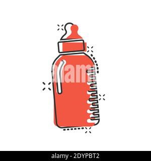 Baby bottle icon in comic style. Milk container cartoon vector illustration on white isolated background. Drink glass splash effect business concept. Stock Vector