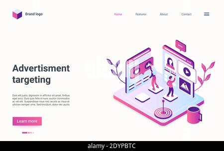 Advertisment, digital marketing and remarketing strategy isometric landing page design. Cartoon 3d marketer people working online on campaign targeting in social media technology vector illustration Stock Vector