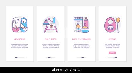 Baby feeding accessory vector illustration. UX, UI onboarding mobile app page screen set with line newborn children, infant kid food and bottle for powdered milk, bib and spoon crockery nursery items Stock Vector