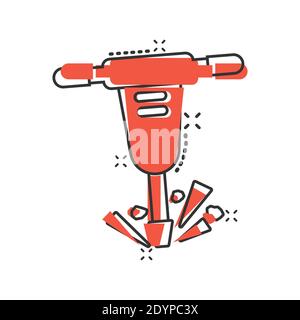 Jackhammer icon in comic style. Demolish package vector illustration on white isolated background. Destroy splash effect business concept. Stock Vector