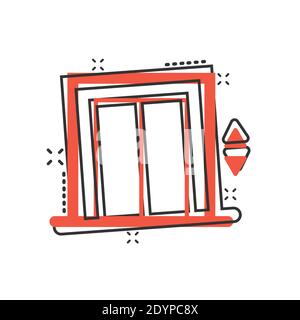 Elevator icon in comic style. Lift cartoon vector illustration on white isolated background. Passenger transportation splash effect business concept. Stock Vector