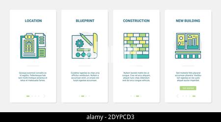 Design architect drawings for construction vector illustration. UX, UI onboarding mobile app page screen set with line architecture blueprint project to build and construct home or office new building Stock Vector