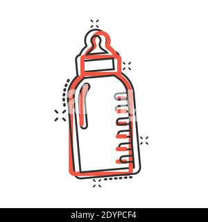 Baby bottle icon in comic style. Milk container cartoon vector illustration on white isolated background. Drink glass splash effect business concept. Stock Vector