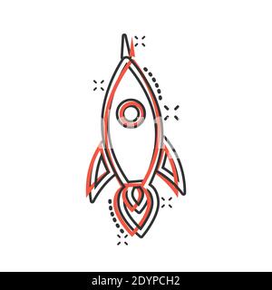 Rocket icon in comic style. Spaceship launch cartoon vector illustration on white isolated background. Sputnik splash effect business concept. Stock Vector
