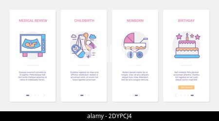 Pregnancy childbirth vector illustration. UX, UI onboarding mobile app page screen set with line newborn baby stroller, ultrasound pregnant belly medical research, child birthday cake, baby symbols Stock Vector