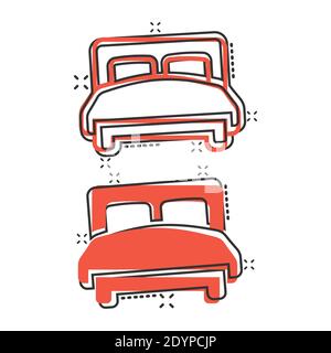 Bed icon in comic style. Bedroom cartoon sign vector illustration on white isolated background. Bedstead splash effect business concept. Stock Vector