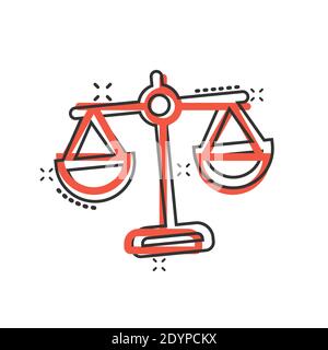 Scale balance icon in comic style. Justice cartoon vector illustration on white isolated background. Judgment splash effect business concept. Stock Vector