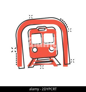 Metro icon in comic style. Train subway cartoon vector illustration on white isolated background. Railroad cargo splash effect business concept. Stock Vector