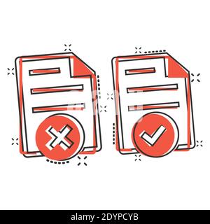 Document accepted and damaged icon in comic style. Correct, broken cartoon vector illustration on white isolated background. Check message splash effe Stock Vector