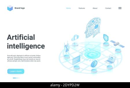 Artificial intelligence isometric landing page design, cartoon 3d abstract human head, digital brain connecting to internet network, cloud data web storage, ai neural connection vector illustration Stock Vector