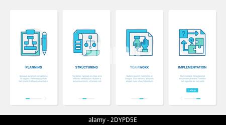 Business planning, teamwork vector illustration. UX, UI onboarding mobile app page screen set with line structuring, implementation of business team plans and task, collection pieces of puzzle symbols Stock Vector