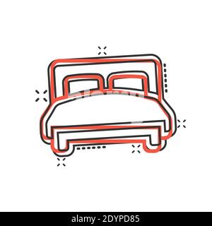 Bed icon in comic style. Bedroom cartoon sign vector illustration on white isolated background. Bedstead splash effect business concept. Stock Vector