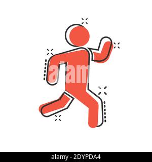 Run people icon in comic style. Jump cartoon vector illustration on white isolated background. Fitness splash effect business concept. Stock Vector