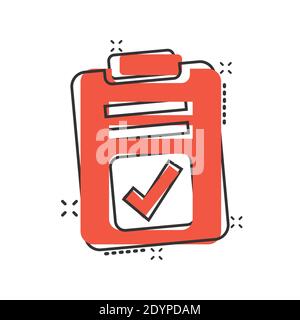 Document checkbox icon in comic style. Test cartoon vector illustration on white isolated background. Contract splash effect business concept. Stock Vector