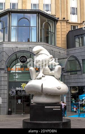 Brussels, BELGIUM - July 7, 2019: MOOF MUSEUM, Smurf characters, at the Belgian Comic Strip Center in Brussels Stock Photo