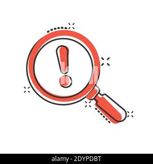 Risk analysis icon in comic style. Exclamation magnifier cartoon vector illustration on white isolated background. Attention splash effect business co Stock Vector