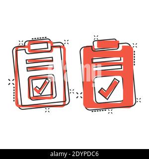 Document checkbox icon in comic style. Test cartoon vector illustration on white isolated background. Contract splash effect business concept. Stock Vector