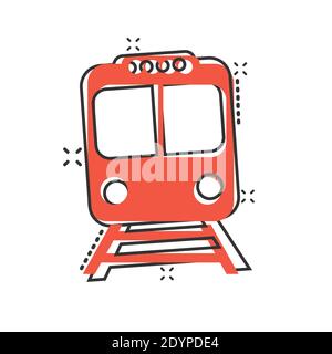 Metro icon in comic style. Train subway cartoon vector illustration on white isolated background. Railroad cargo splash effect business concept. Stock Vector