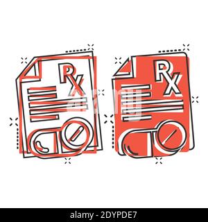 Prescription icon in comic style. Rx document cartoon vector illustration on white isolated background. Paper splash effect business concept. Stock Vector