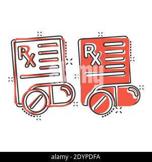 Prescription icon in comic style. Rx document cartoon vector illustration on white isolated background. Paper splash effect business concept. Stock Vector