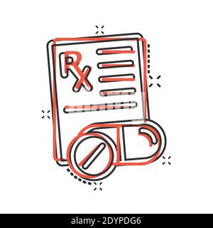 Prescription icon in comic style. Rx document cartoon vector illustration on white isolated background. Paper splash effect business concept. Stock Vector