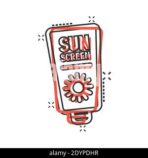 Sun protection icon in comic style. Sunblock cream cartoon vector illustration on white isolated background. Spf care splash effect business concept. Stock Vector