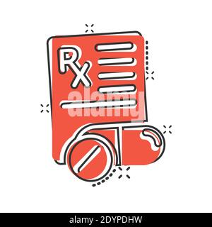 Prescription icon in comic style. Rx document cartoon vector illustration on white isolated background. Paper splash effect business concept. Stock Vector