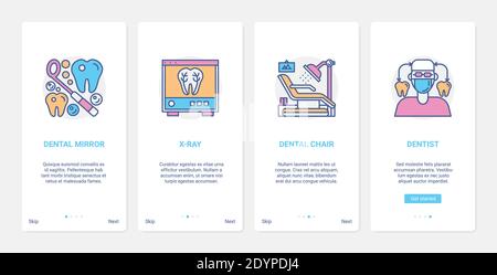 Dental care, dentistry hospital equipment vector illustration. UX, UI onboarding mobile app page screen set with line mirror dentist tool, chair in clinic symbols, x-ray doctor examination technology Stock Vector