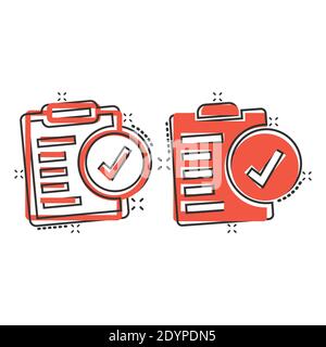 Document checkbox icon in comic style. Test cartoon vector illustration on white isolated background. Contract splash effect business concept. Stock Vector