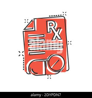 Prescription icon in comic style. Rx document cartoon vector illustration on white isolated background. Paper splash effect business concept. Stock Vector