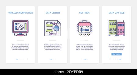 Data center settings, cloud storage vector illustration. UX, UI onboarding mobile app page screen set with tech line wireless internet communication, digital infrastructure database technology symbols Stock Vector