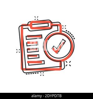 Document checkbox icon in comic style. Test cartoon vector illustration on white isolated background. Contract splash effect business concept. Stock Vector