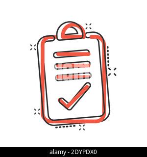 Document checkbox icon in comic style. Test cartoon vector illustration on white isolated background. Contract splash effect business concept. Stock Vector