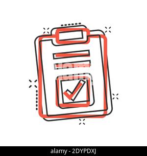 Document checkbox icon in comic style. Test cartoon vector illustration on white isolated background. Contract splash effect business concept. Stock Vector