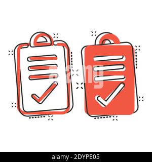 Document checkbox icon in comic style. Test cartoon vector illustration on white isolated background. Contract splash effect business concept. Stock Vector