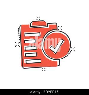 Document checkbox icon in comic style. Test cartoon vector illustration on white isolated background. Contract splash effect business concept. Stock Vector