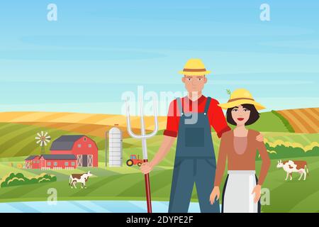 Farmers people and farm landscape vector illustration. Cartoon couple villagers characters standing together, cows grazing on green grass countryside farmland fields, village barn and mill background Stock Vector