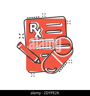 Prescription icon in comic style. Rx document cartoon vector illustration on white isolated background. Paper splash effect business concept. Stock Vector