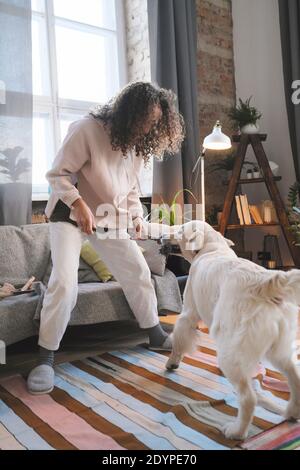 Young woman holding toy and playing with her pet in the room Stock Photo