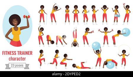Fitness sport trainer girl poses vector illustration set. Cartoon young sportive female character in sportswear posing with dumbbells, ball, training workout in different positions isolated on white Stock Vector
