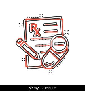 Prescription icon in comic style. Rx document cartoon vector illustration on white isolated background. Paper splash effect business concept. Stock Vector