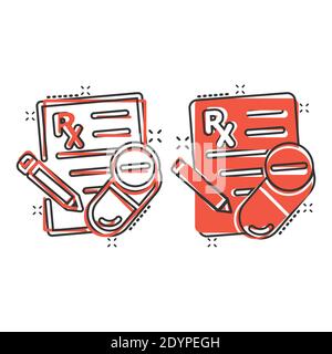 Prescription icon in comic style. Rx document cartoon vector illustration on white isolated background. Paper splash effect business concept. Stock Vector