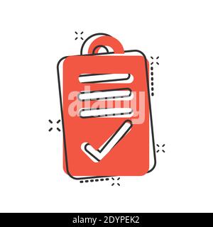 Document checkbox icon in comic style. Test cartoon vector illustration on white isolated background. Contract splash effect business concept. Stock Vector