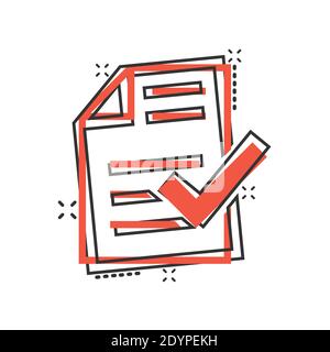 Approved document icon in comic style. Authorize cartoon vector illustration on white isolated background. Agreement check mark splash effect business Stock Vector