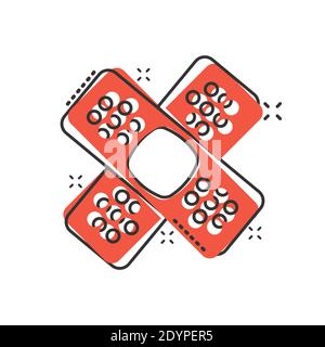 Bandage icon in comic style. Plaster cartoon vector illustration on white isolated background. First aid kit splash effect business concept. Stock Vector