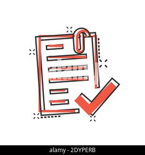 Approved document icon in comic style. Authorize cartoon vector illustration on white isolated background. Agreement check mark splash effect business Stock Vector